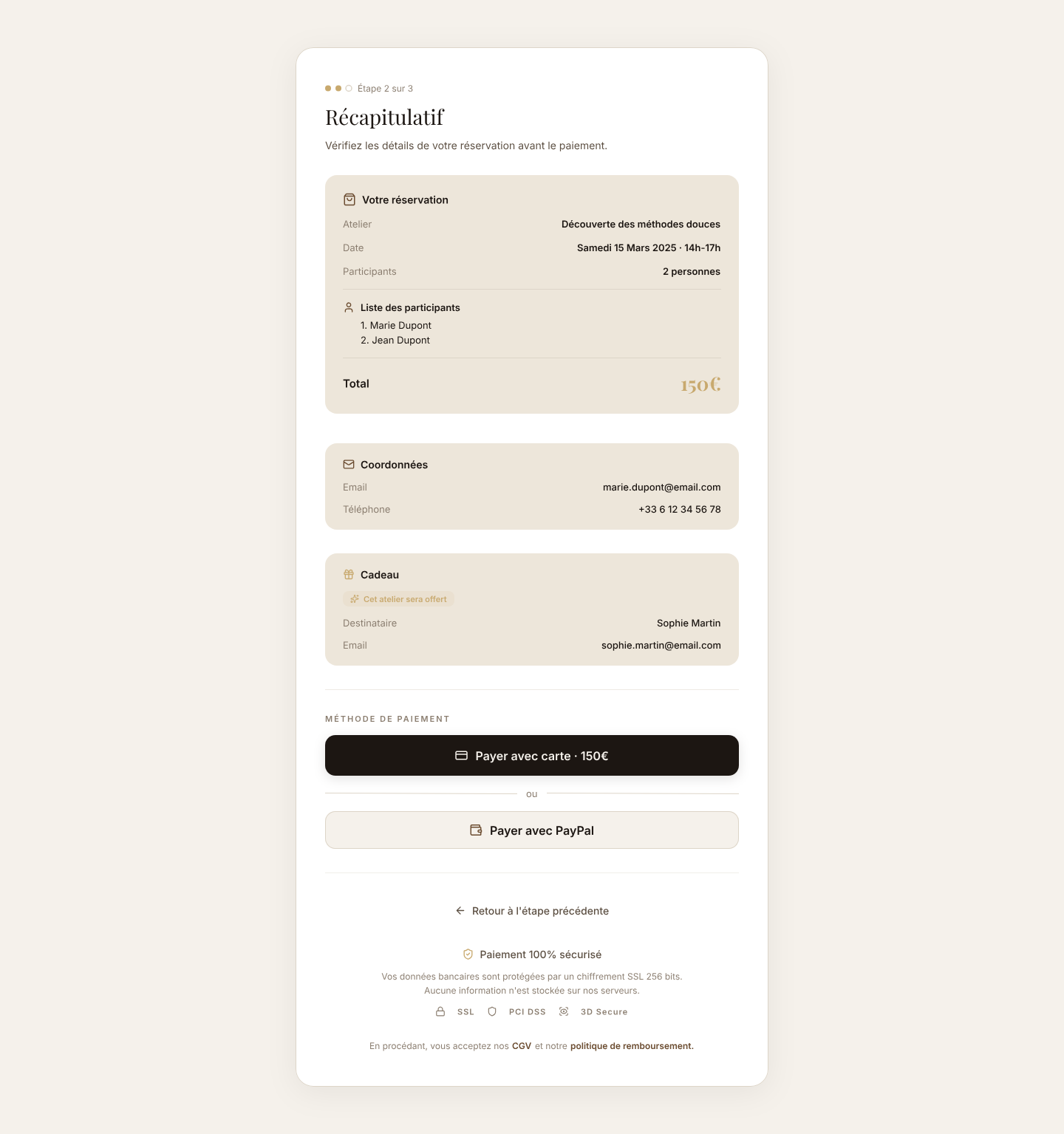 ele · réservation étape 2, récapitulatif & paiement