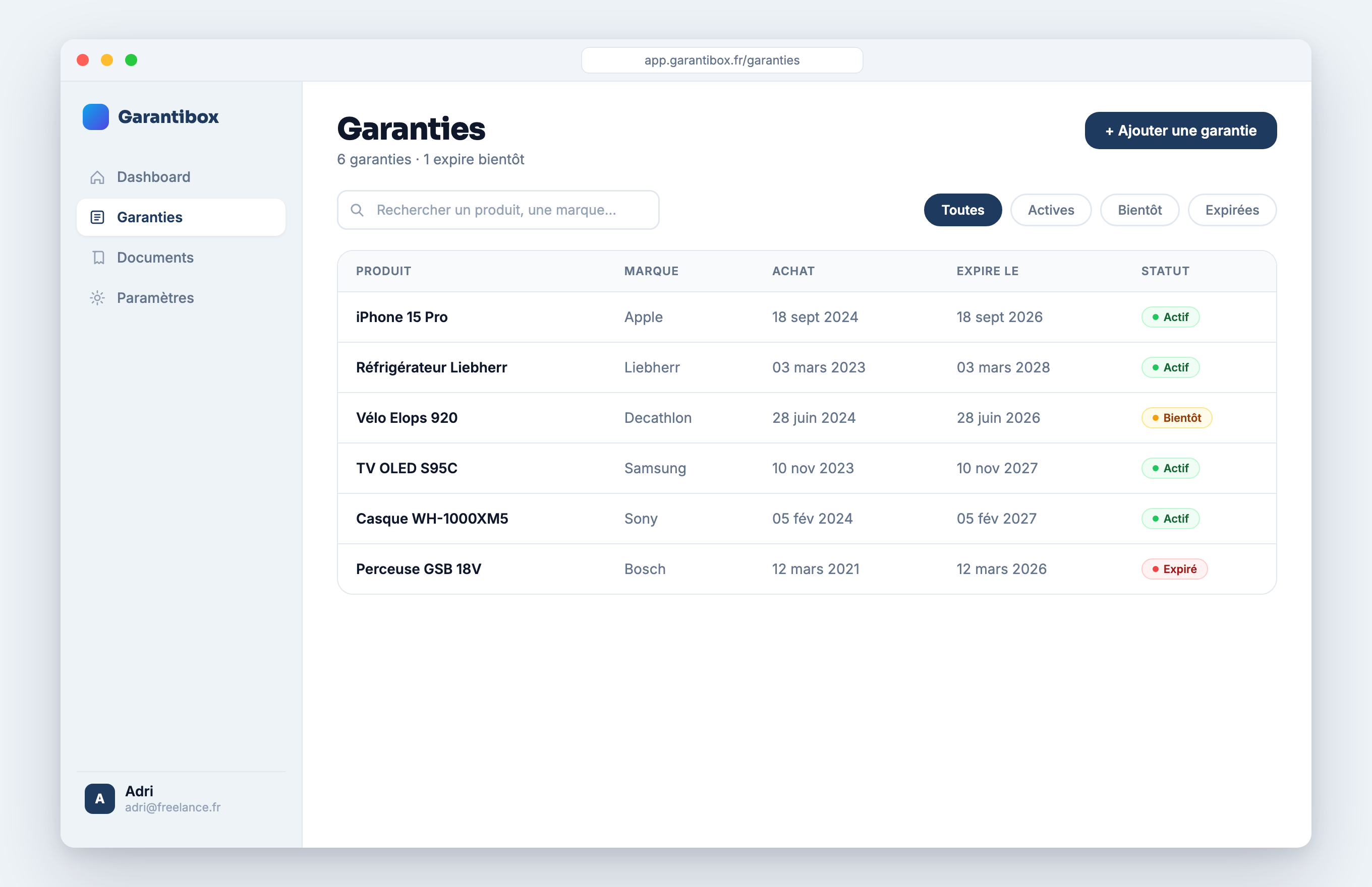 Garantibox · écran de gestion des garanties