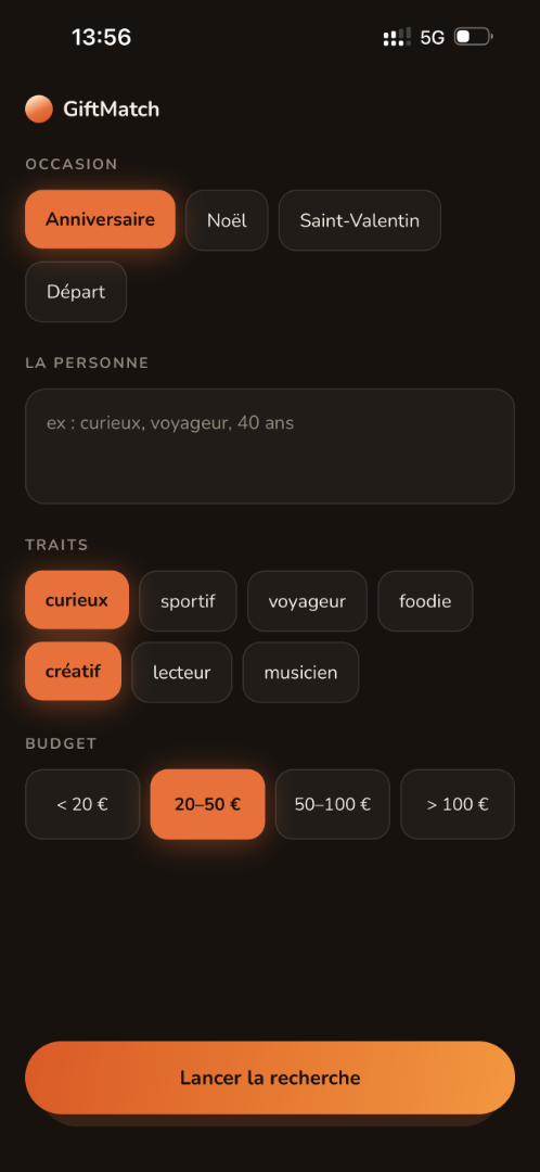 GiftMatch · saisie de l'occasion, de la personne et du budget