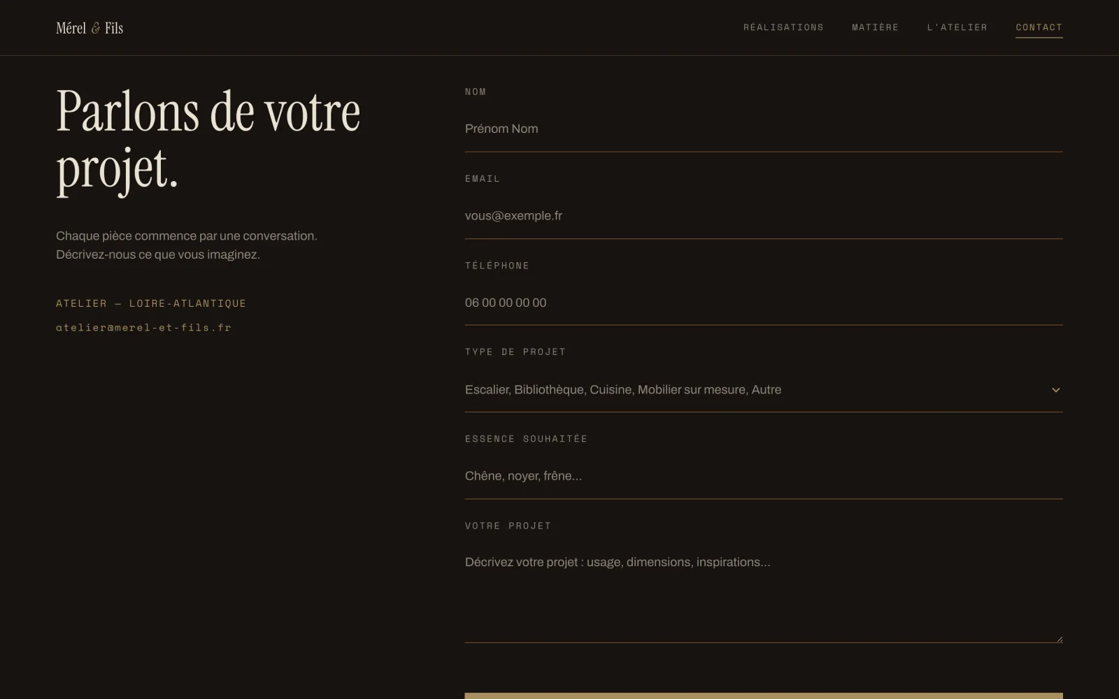 Mérel & Fils · formulaire de contact avec type de projet et essence souhaitée