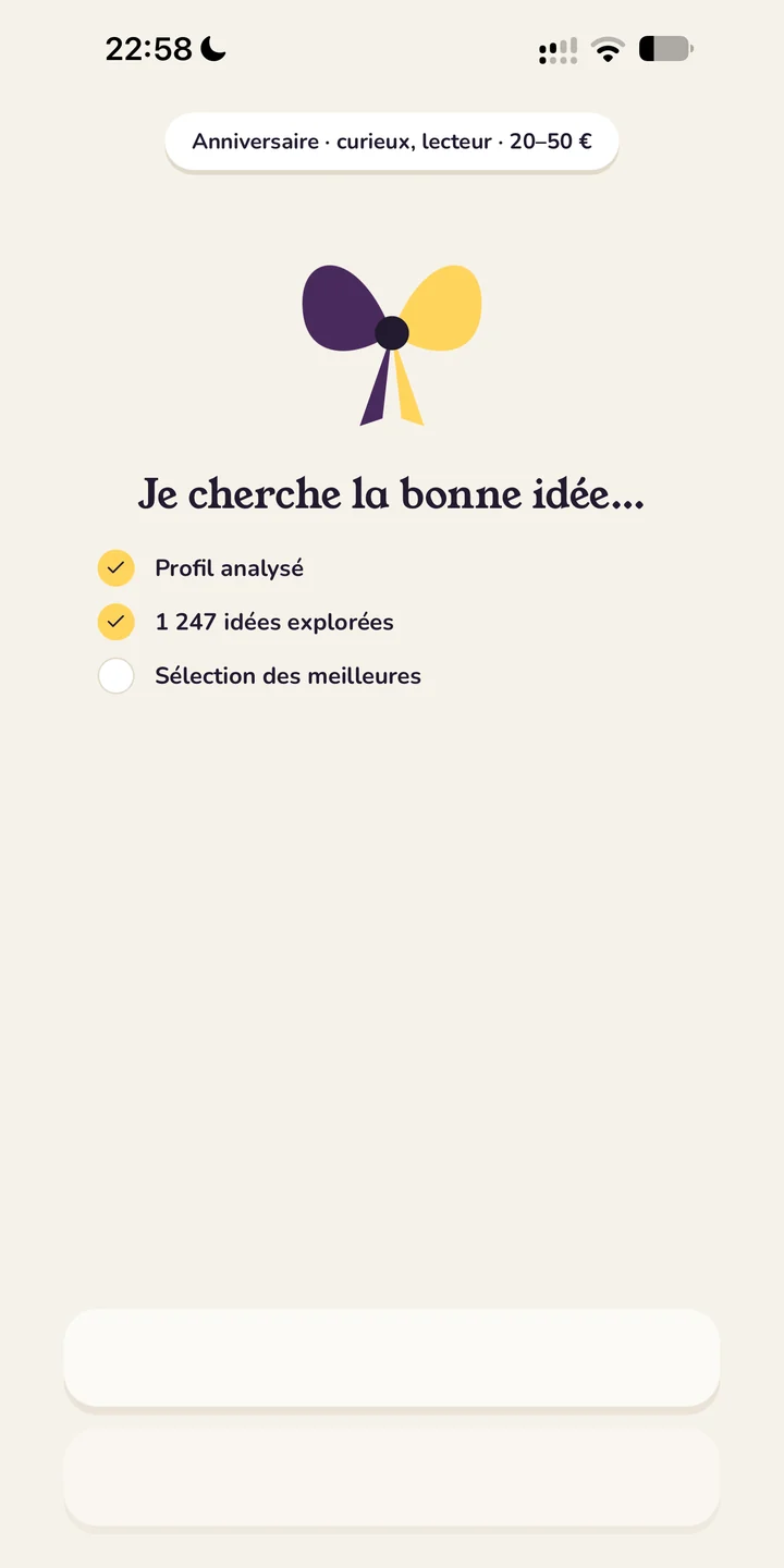Ofria · écran de recherche animé pendant la génération des idées