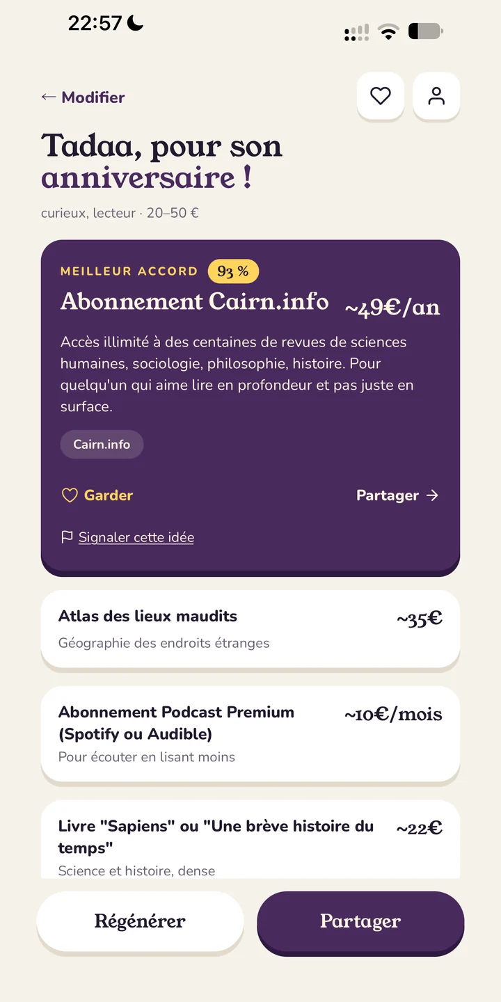 Ofria · idées cadeaux, la meilleure en tête avec son niveau d'accord