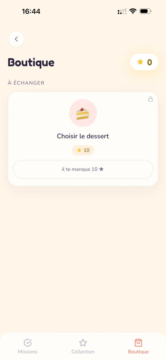 Pépite · boutique de récompenses, « il te manque 10 étoiles » pour choisir le dessert
