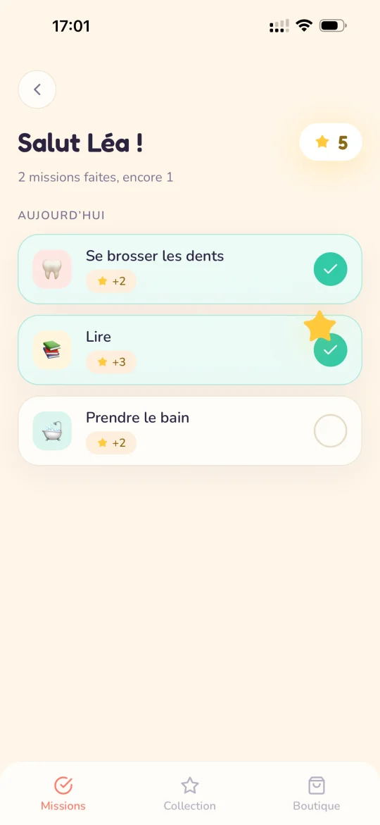 Pépite · missions du jour côté enfant, deux missions cochées sur trois