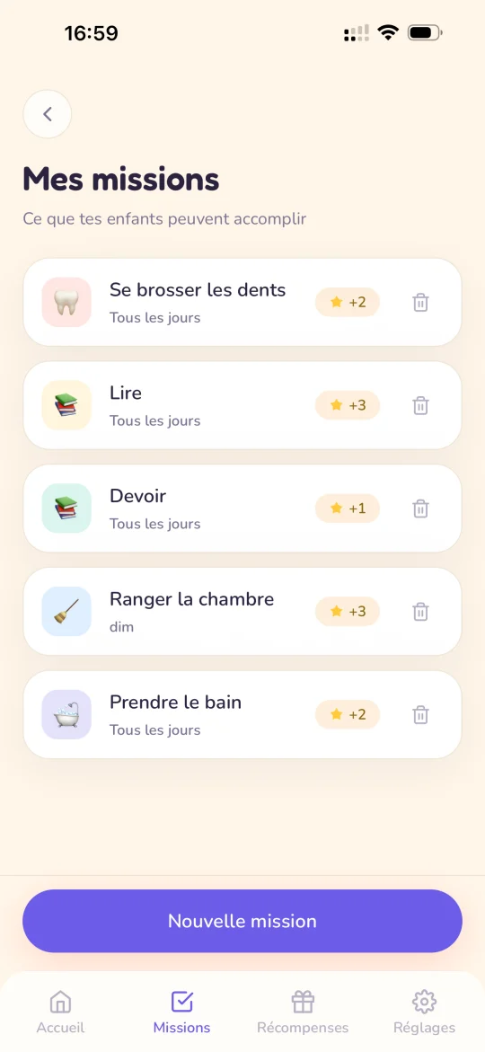 Pépite · liste des missions créées par le parent, avec leur valeur en étoiles