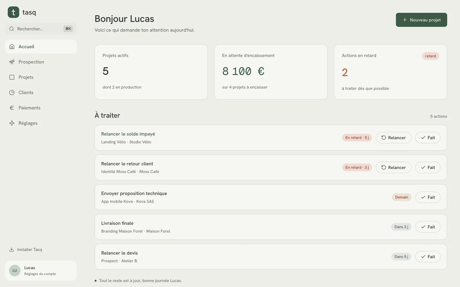 Tasq · web app de pilotage de projets pour freelances du web et créatifs