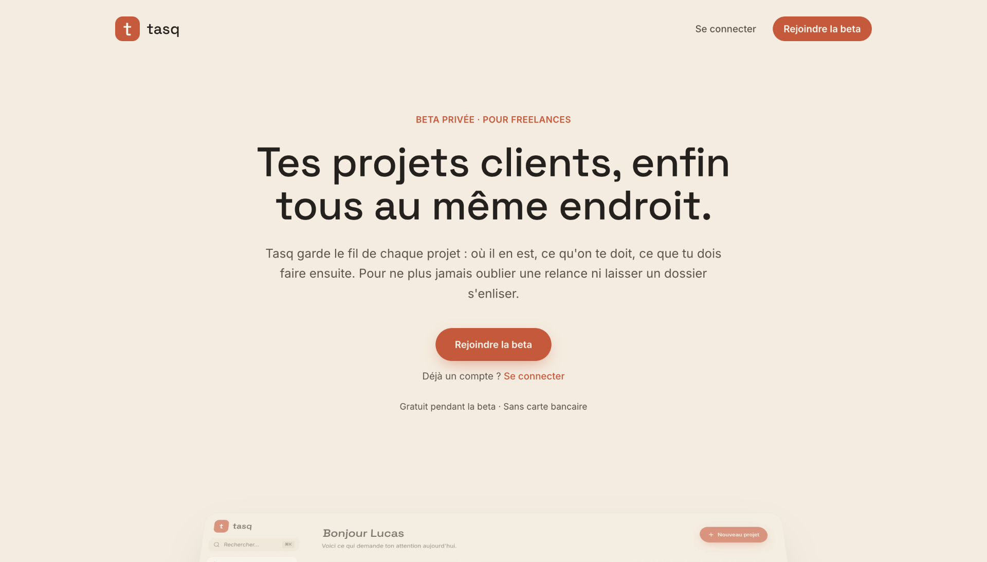 Tasq · landing page « Tes projets clients, enfin tous au même endroit »
