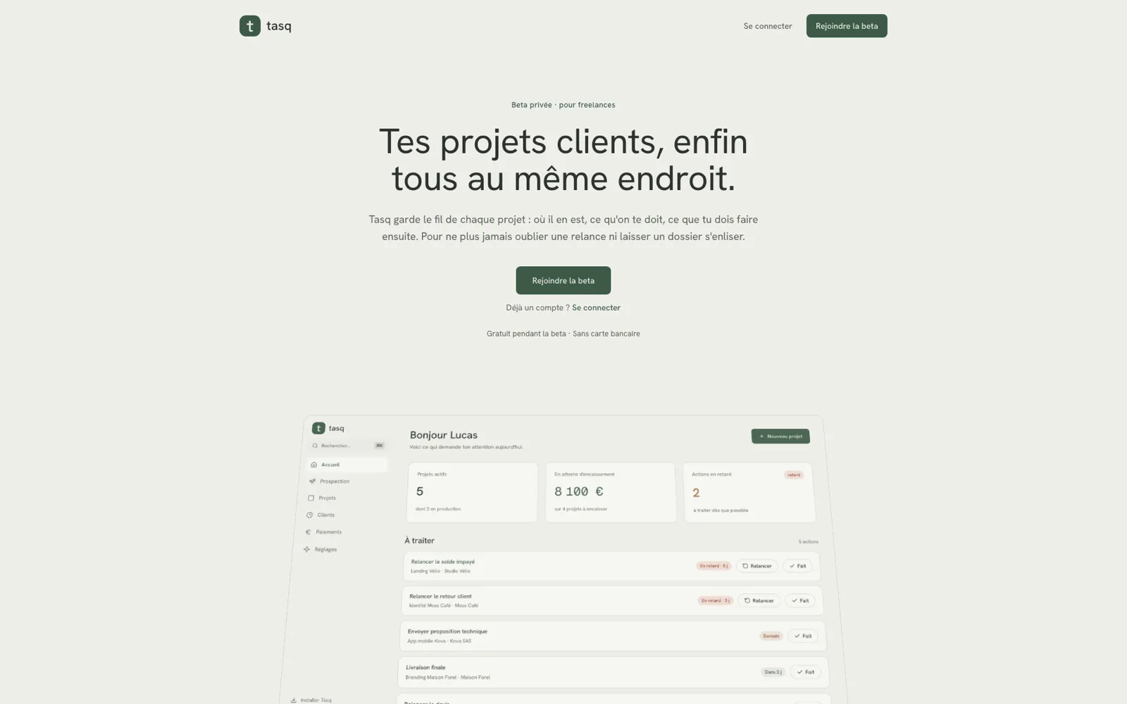 Tasq · landing page « Tes projets clients, enfin tous au même endroit »